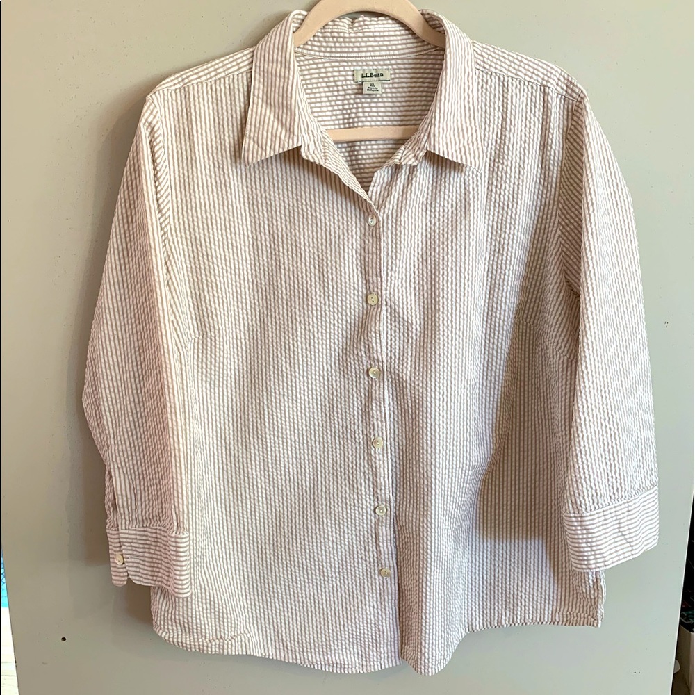 LL Bean seersucker khaki and white